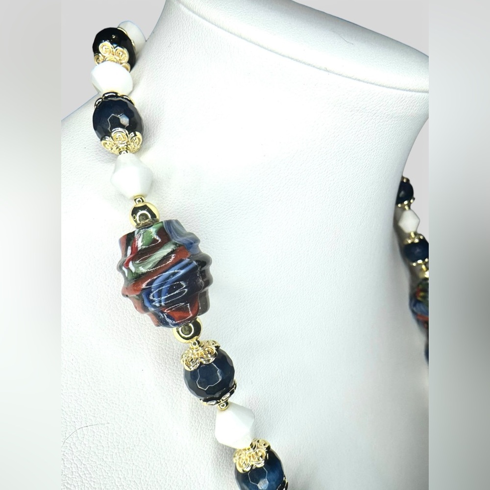 ARTISAN Murano Glass Millefiori, Blue Tiger’s Eye & Vintage Milkglass Necklace - Picture 8 of 16